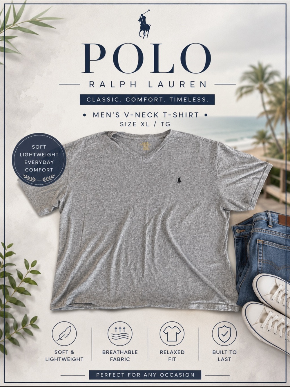 Polo by Ralph Lauren Men's V-Neck T-Shirt - Heather Gray